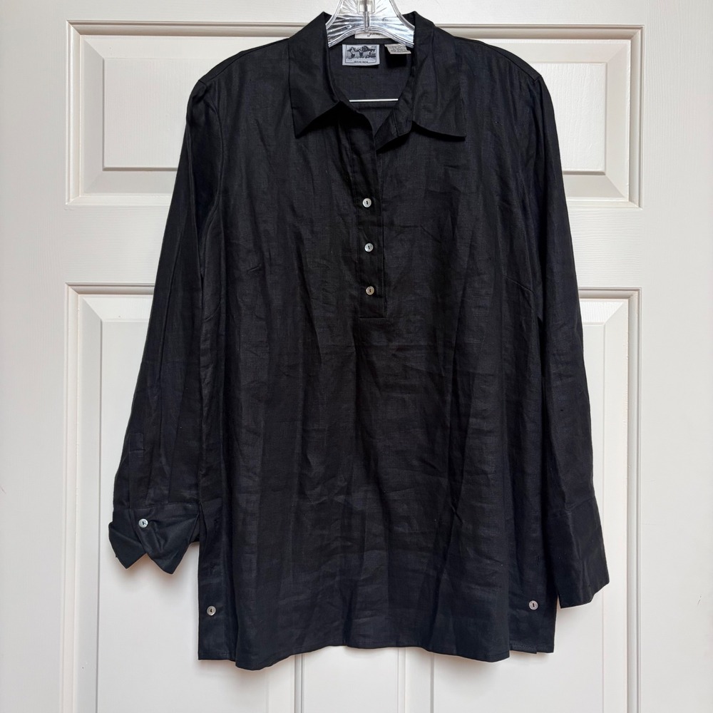 Edward Womens Black Irish‎ Linen Long Sleeve Tunic Top M Poet Boho Quiet Luxury